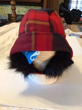 Red Plaid Faux Fur Trim Winter Aviator Hat